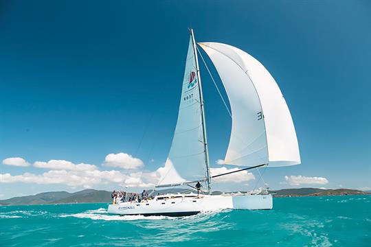 The Eureka Catamaran takes guests on a sailing adventure through the Whitsunday Islands, in Australia