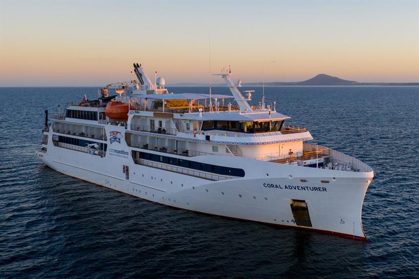 The Coral Adventurer takes guests on adventure cruises through Australia’s northwest coast